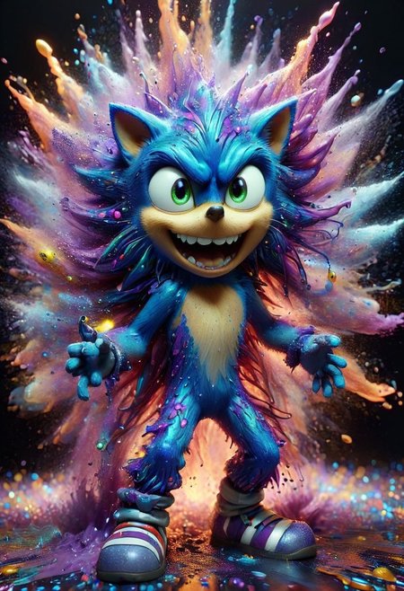 A surreal and psychedelic depiction of a character resembling Sonic with swirling, vibrant colors. The character has glowing eyes, an open mouth, and an exaggerated texture that gives a sense of melting or dripping. The background is filled with a multitude of orbs and intricate patterns with neon hues of blue, purple, and gold. The overall effect is fantastical and slightly eerie