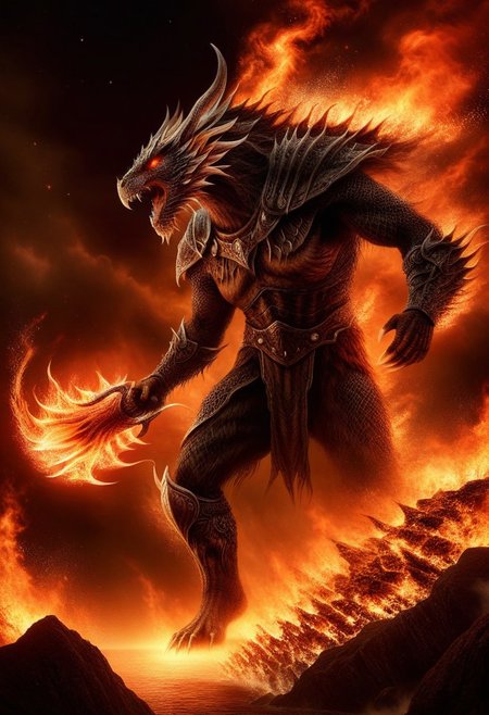 Flame Atronach from Skyrim, 
embodying a mystical amalgamation of fire magic and twisted netch, 
dominating the foreground with gargantuan scale and fierce lava-like eyes, 
caught mid-roar with orange and red flames licking the backdrop of a starlit night, 
high definition digital render, 
apocalyptic theme, 
radiating pure energy, 
transmuting surrounding in its incandescent glow, 
captiv