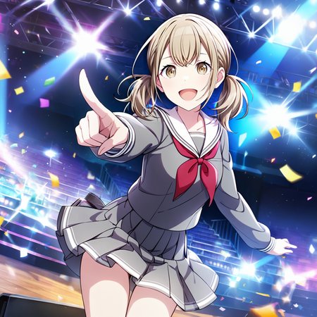 1girl, azusawa kohane, project sekai, solo, masterpiece, very aesthetic, absurdres, official art, 
miyajyo salor, low twintails, blonde hair, beige eyes,
(looking viewer:1.4), :D, pointing at viewer, contrapposto, legs apart, cowboy shot, BREAK
grey serafuku, long sleeves, white sailor collar, red neckerchief, pleats skirt, 
idol stage, stage light, neon light, confetti-flurry, psyllium, auditorium is filled with spectator,
 <lora:sdxl-vbs-SeifukuKh03:0.8:lbw=0,0,0.2,0.2,0,0.4,0.4,0,0.8,0.8,0,0,0,0.8,0.8,0.6,0.8,0.0,0.0,0.0,0,0,0,0,0,0>