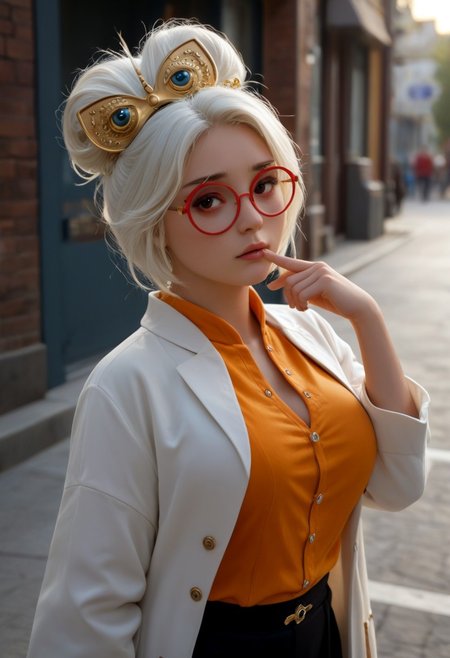 purah, white hair, red-framed eyewear, hair ornament ponytail, red eyes, red headband, red glasses, sleeveless shirt, white coat, black skirt, gloves, cute, standing on a street,  shy, looking away, embarrassed, shy expression, shy body language, hand on arm, massive breasts, huge breasts, submissive, hand on face, pinky finger in mouth, perfect hands,
close-up, wide angle, Expressiveh, side view,
realistic, highly detailed, detailed eyes, beautiful eyes, very detailed face, best quality, ultra realistic image, hyperrealistic, extremely detailed, masterpiece, natural skin texture,
partially covered in shadow, dramatic lighting, atmospheric light, professional lighting, professional photography, rim lighting, vivid colors, skin texture style, detailed skin pore, detailed skin, realistic skin, midjourneyv6.1
score_9, score_8_up, score_7_up, score_6_up, score_5_up, score_4_up