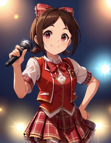 score_9,score_8_up,score_7_up,1girl,solo,cowboy shot,looking at viewer,smile,closed mouth,holding microphone,hand on hip,stage lights,
<lora:muramatsusakura_ponyXLV6:0.8>,cgmsk,
brown hair,short hair,low twintails,pink eyes,
hair bow,red vest,plaid skirt