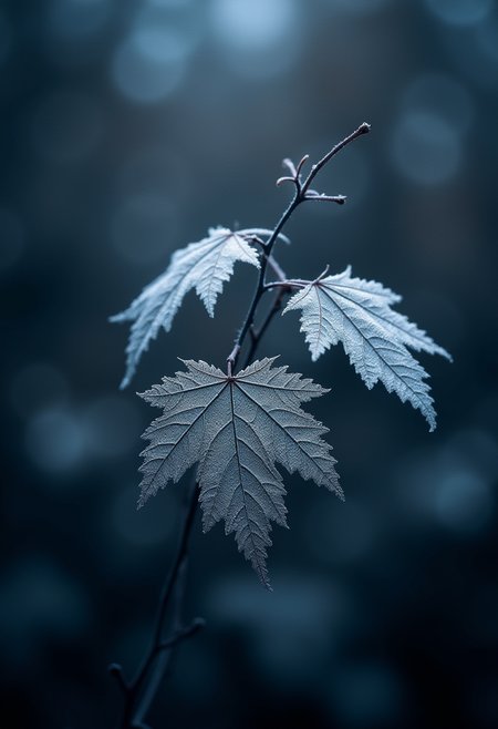 A striking, artful photograph that showcases the moonlit shadows and cold light of fall. The silvery Seraphic leaves, captured gracefully in mid-autumn, create a mesmerizing dance of textures and patterns against the dark sky. Some night frost has settled as ice on the leaves. A soft bokeh effect in the background adds depth and contrast, while the large format photography captures every last detail. The cosmic sky theme conveys an air of mystery and awe as the viewer is transported to a world of stars, galaxies, nebulae and planets. The rear view of the scene is beautifully captured from a low angle, enhancing the artistic composition and immersing the viewer in the surreal atmosphere. ,