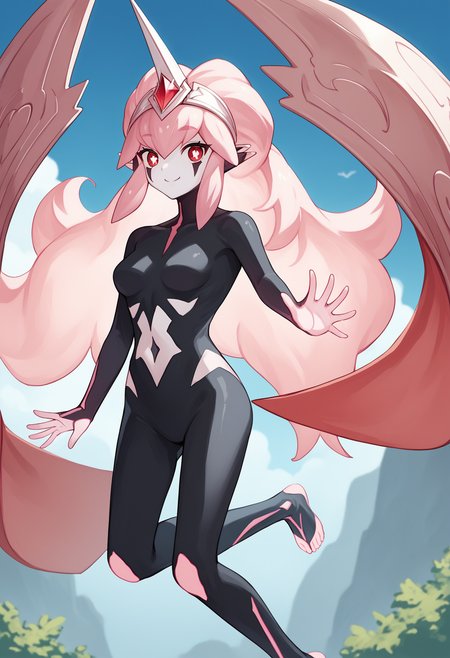 score_9, score_8_up, score_7_up, source_anime, rating_explicit,
BREAK
1girl, solo,
<lora:shiCenturonTruedaV1:1.0>, shitrudeadef, long hair, red eyes, pink hair, 
pointy ears, black bodysuit, navel, colored skin, medium breasts, bright pupils, duel monster, 
looking at viewer, smile, waving, floating,
outdoors, blue sky,