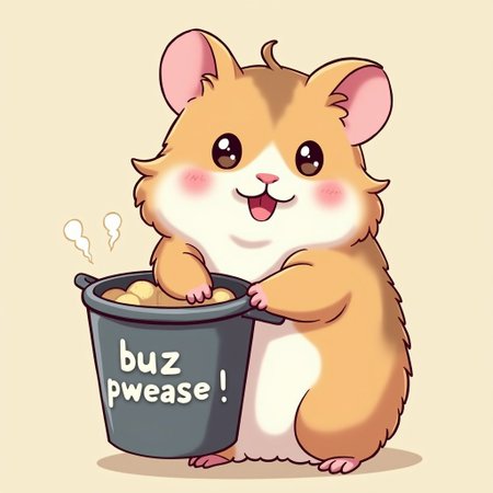 Hamster, Holding a empty bucket that says 'buzz pwease!' on the front, extremely cute hamster, in anime art style, detailed, looking at viewer