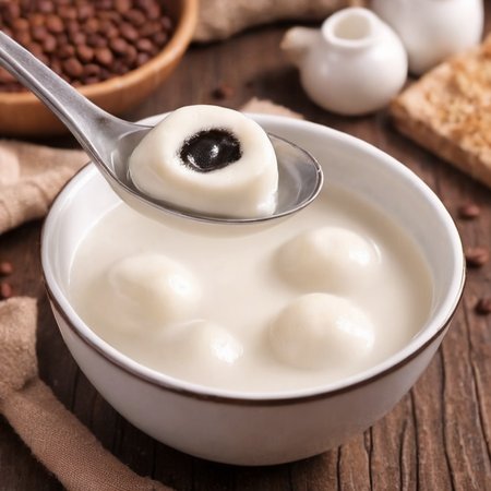 For a realistic style image of a spoon with some food in it,<lora:Tang_yuan:0.85>,coffe milk filling  ,