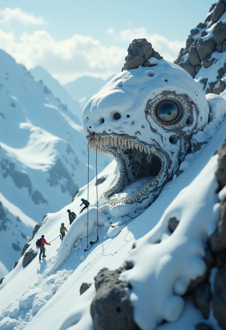 cinematic film still photorealistic, on snow-white mountain, (human jaw and teeth only:1.1), no face, coming out of rock,  people - climbers-welders-builders fixing braces, micro-world, macro photography, minimalism, aesthetically pleasing, detailed, close-up, art . shallow depth of field, vignette, highly detailed, high budget, bokeh, cinemascope, moody, epic, gorgeous, film grain, grainy