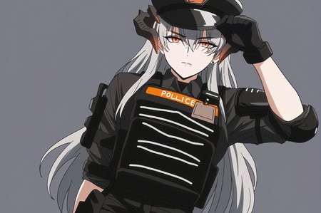 1girl, saria (arknights), saria (the law) (arknights), adjusting clothes, adjusting headwear, arm up, black gloves, black hat, black shirt, bulletproof vest, closed mouth, collared shirt, dragon horns, eyes visible through hair, gloves, grey hair, hat, horns, long hair, looking at viewer, official alternate costume, orange eyes, police hat, shirt, simple background, solo, uniform, upper body, white hat,
<lora:taimanin_anime_style:1>,taimanin_anime_style,masterpiece,best quality,cowboy shot,mature female,dutch angle,curvy,thicc thighs,cleft of venus,venus body,