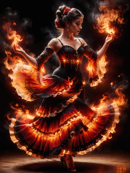 poster art, famous artwork by andrew atroshenko and artgerm and rembrandt and frank frazetta, a stunningly beautiful young spanish female flamenco dancer wearing an ornate dress made of blazing fire, dancing, dramatic flamenco pose, sss, subsurface scattering, ral-dissolve, translucent fire element, blazing flames, intricate fabric, (perfect hands:1.4), closed eyes, dark makeup, dramatic, ultra detailed, overall_detail-xl-by_kaleidia <lora:add-detail-xl:2.0> <lora:more_artful-xl:0.6> <lora:special_effects-fire_element-xl-by_shan_bailing:0.8> <lora:subsurface_scattering_aka_what_does_the_snake_say-xl-by_ajuro:1.0> <lora:style-dissolve-sdxl-by_ralfinger:0.5> <lora:envybetterhiresfixxl01-xl:0.0:hr=1.0>