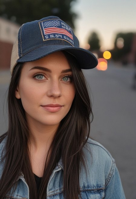 30yo woman holding an American flag.
Blue eyes. perfecteyes 
Wearing Denim jacket trucker hat. 
Long dark black slick back hair. No makeup. Dusk, Street light. Looking at camera POV. Slight smile, tilting head.. Tilt head.
Medium Close Up shot. Bokeh. Bokeh light. semi Blurred background.