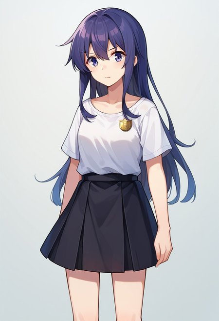 score_9, score_8, score_7, source_anime, akatsuki (kancolle), cowboy shot, closed mouth, white shirt, standing, collarbone, upper body, black skirt, badge, full body