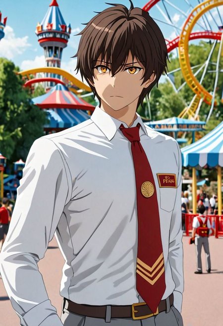 Highres, Masterpiece, High Quality, 4K, 8K, solo, 1Boy, Seiya Kanie, short dark brown hair, golden eyes, white dress shirt, red armband, manager, red tie, gray pants, theme park, easynegative, detailed_eye_model