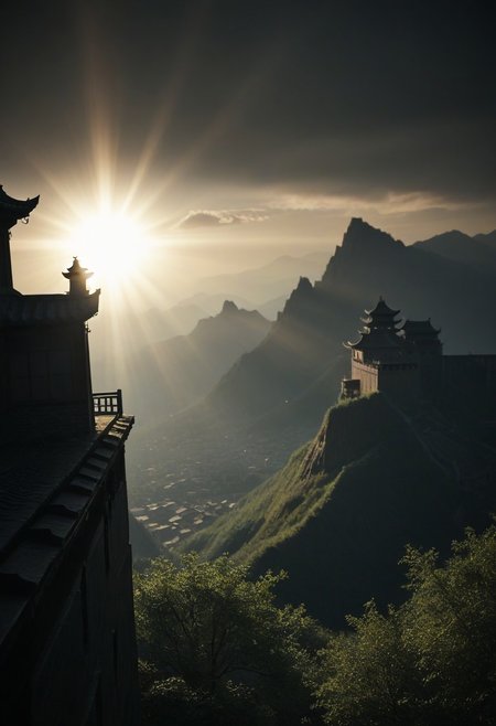 detailed intricate, depth of field, rays,
night, dark theme, backlight,
great chinese wall, hills