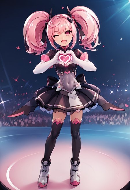 score_4,score_5,score_6,score_7_up,score_8_up,score_9
((masterpiece,best quality,ultra detailed,highres,HD,4k:1.2)),
1 cute girl,girl forcus,
full body,long hair,twintail,pink hair,pink eyes,Black conjunctiva,
elbow gloves,covered navel,body suit,skirt,boot,black knee socks,
stage,idol stage,((Make a heart symbol with both hands, heart with both hands,heart hands,heart symbol)), looking at the audience,
happy, smile, open mouth,wink,zzCitronCAT,abstract background,white outline,