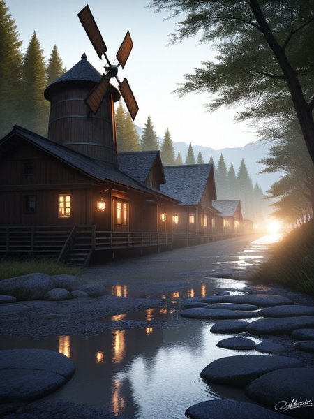 masterpiece, best quality, amazing quality  embedding:my\WaiIL25PosD scenery  still life   windmill river village in background  <lora:SPOl_10ep_4k><lora:zy_Realism_Enhancer_v1>