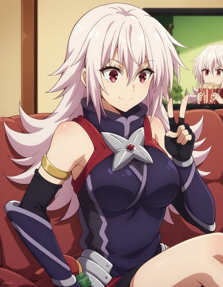 score_9, score_8_up, score_7_up, source_anime, <lora:matsuri-kazamaki-s1-v2-ponyxl-lora-nochekaiser:1>, matsuri kazamaki, long hair, red eyes, pink hair, hair between eyes, sidelocks, large breasts,, gloves, bare shoulders, black gloves, elbow gloves, fingerless gloves, ninja, living room, television, couch, popcorn, watching movie, night time, sitting,, smile, , v,, solo,, cowboy shot, dutch angle,
