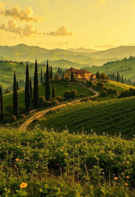 Tuscany Rolling Hills – Vineyards & Golden Light
"A picturesque valley in Tuscany, Italy, where rolling hills covered in vineyards stretch beneath a warm golden sky. Cypress trees line winding dirt roads leading to charming stone farmhouses. The late afternoon sun casts long shadows across the land, illuminating the lush green fields and creating a peaceful, timeless atmosphere."