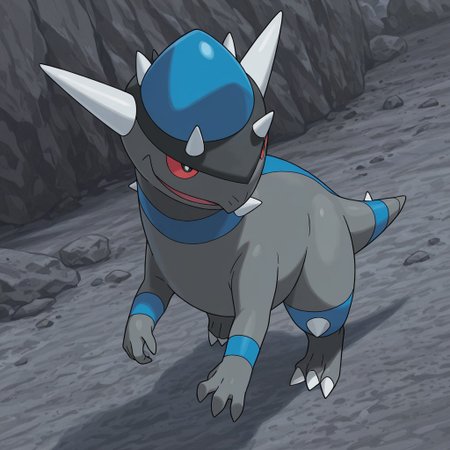 2d, solo, Rampardos, Pokemon (creature), scalie, feral, gray body, blue skin, blue stripes, single tail stripe, spikes, horns, head spikes, knee spikes, toe claws, red sclera, black pupils, three toes, tail, 
BREAK outside, rocks, walking, smile, 
BREAK best quality, amazing quality, very aesthetic, absurdres, newest, masterpiece
