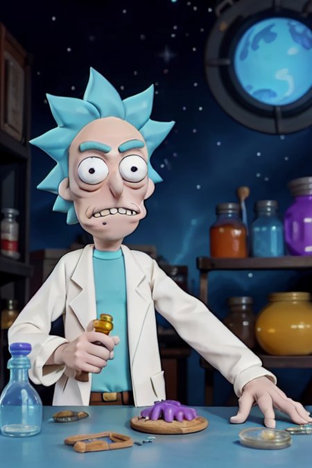 1man, (80's anime style),  <lora:rickSanchezLora_v10:0.4> Rick Sanchez, claymation working as alchemist in a lab, holding a vial, countertop, eyes closed
