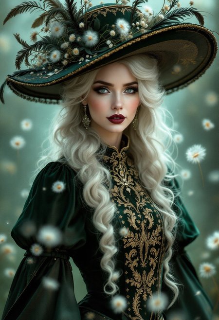 A highly detailed, photorealistic portrait of an elegant woman in a fantasy-inspired Victorian-style outfit. She wears a dark green high-necked dress with intricate golden embroidery, fitting her form closely and flowing gracefully. Her long, platinum blonde hair cascades in soft, flowing waves beneath an extravagant wide-brimmed hat adorned with delicate feathers, flowers, and floating dandelion seeds. Her makeup is dramatic, with dark, seductive lipstick and a slight, mysterious smile. The background is soft and ethereal, with a blend of teal and green tones, creating a dreamy, enchanting atmosphere as dandelion seeds float gently around her. The lighting softly illuminates her face and hat, casting a warm, magical glow that enhances her mystical allure
very detailed eyes
