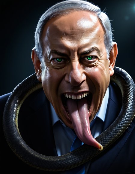 no humans, Benjamin Netanyahu, snake, general, glowing eyes, looking at viewer, saliva, forked tongue, monster, dark night, shiny, reflection, sharp teeth, fangs, dark, masterpiece, best quality, very awa, newest,