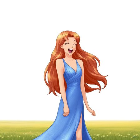 1girl, evening dress, long hair, happy, standing in the field, sunny day