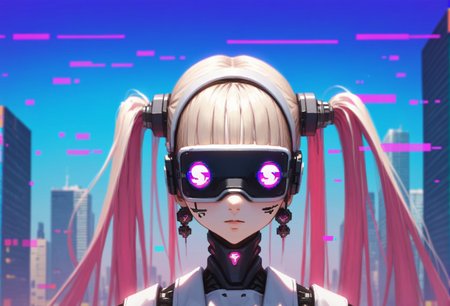 (score_9, score_8_up, score_7_up), anime, multiple_girls, postcard, cyborg, twintails, human face, pale skin, porcelain white face, (vr headset covering eyes:1.1), alternate costume, futuristic, pinafore_dress, outdoors, ultra-detailed, smooth_texture, glossy_texture, intricate_details, foreground, background, middle_ground, [layered_composition], closeup, ar-glitch, glitch, tmnh <lora:Glitch:1> <lora:Tsutomu_Nihei_Blame_Style:1>