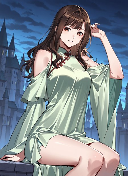 <lora:Lu_Luo:1>
1 girl, solo, long hair, brown hair, brown eyes, bangs
chinese clothes, green dress, bare shoulders, shoulder cutout, clothing cutout
score_9, score_8_up, score_7_up, very aesthetic, source_anime, detailed, high quality, beautiful, masterpiece, detailed eyes, castle, village, blurry background, cityscape, pose dynamic angle, light smile, open mouth, hand on hair, sitting, night