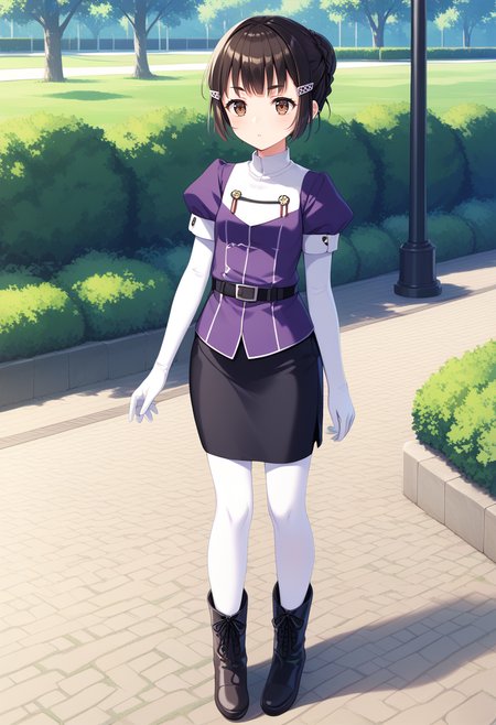 solo, full body, park, standing,  <lora:KC_03HC_myoukou_pony:1> myoukoukc, black_hair, short hair,  hair bun, single bun, short eyebrows, single braid, brown eyes, sidelocks,      myoukoudefkc, shirt_short_sleeves, military uniform, purple shirt, puffy sleeves, short sleeves, white gloves, elbow gloves, black skirt, pencil skirt, white pantyhose, black boots,, score_9,score_8_up, score_7_up, source_anime, masterpiece, best quality,  official art, official style, game cg, megami magazine, rating_safe, rating_questionable, <lora:Fixhands_anime_bdsqlsz_V1:0.75>, NEGATIVE_HANDS