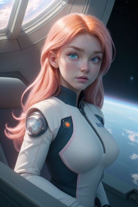 (8k uhd, masterpiece, best quality, high quality, absurdres, ultra-detailed), space ship observation deck, large window, in space, earthlike planet in sunlight in background, single woman front center, gradient hair, red hair, light pink hair, green eyes, light freckles, turned towards viewer, looking to the side, floating in zero gravity, navy uniform, uniform with white trim, uniform open, deep cleavage, back light, rim light