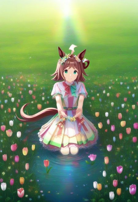 Tulip flower hair_ornament, (umamusume, rhein_kraft_(umamusume), horse_ears, horse_girl, tail, 1girl, ahoge, animal_ears,)
casual, field, flower, flower_field, green_eyes, hair_between_eyes,
head_wreath, looking_at_viewer,  solo, aesthetic, absurdres, symmetric ,spiralling vortex made of multicoloured tulips, lush foliage sunrise,  ripples, reflective, jaynl-tm, rainbow, , g0ldsw0rthy,
(realistic, photo,  artistic, medium_hair, one_eye_closed, petals, relaxing, smile,  : 0.7)