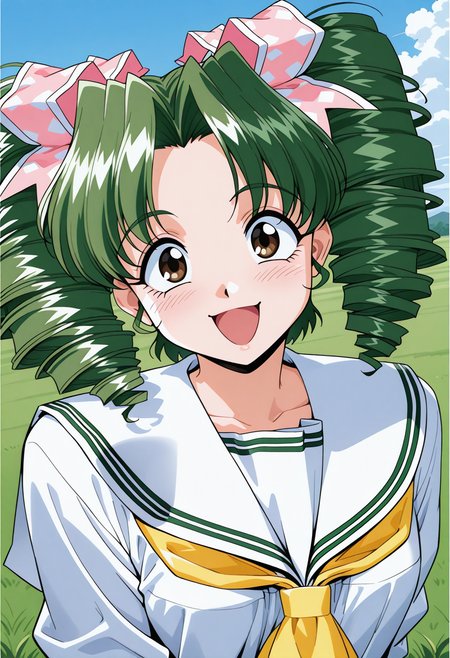 shimura_mami, brown eyes, green hair, twin drills, twintails, hair ribbon, pink ribbon, school uniform, serafuku, white sailor collar, yellow neckerchief, white shirt, <lora:Graduation_shimura_mami_illustrious_ver1:0.8> 
smile, open mouth,, masterpiece, best quality, sensitive,, 1girl, solo, blue sky, (grasslands:1.2), looking at viewer,, (upper body:1.2), (close-up:1.2), (facing viewer:1.2), (open eyes:1.4), (portrait:1.2)