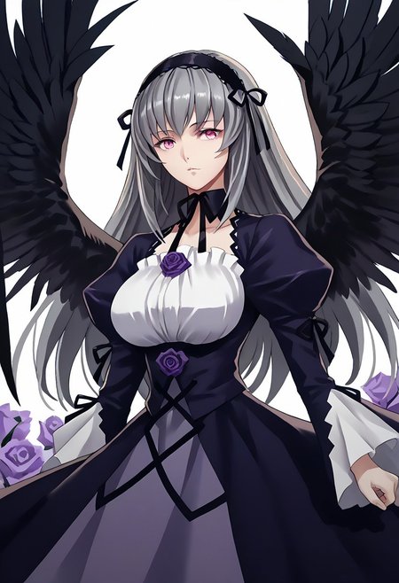 score_9, score_8_up, score_7_up, score_6_up, score_5_up, score_4_up, source_anime, solo, 1girl, 
suigintou, milf, pink eyes, grey hair, long hair, hairband, black wings, huge_breast, dress, long sleeves, puffy sleeves, frills, purple rose. 
masterpiece, best quality, very aesthetic, absurdres,