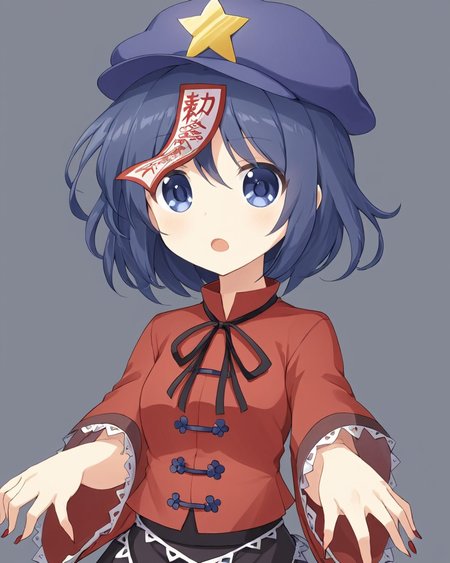 miyako yoshika,1girl, solo, ofuda, hat, open_mouth, star_hat_ornament, star_\(symbol\), jiangshi, fang, zombie_pose, looking_at_viewer, simple_background, skirt, short_sleeves, grey_background, upper_body, wide_sleeves, fingernails, red_shirt, neck_ribbon, one_eye_covered
<lora:miyako_yoshika_image2483_2023-12-20:1>,star-shaped_pupils,symbol-shaped_pupils,. gorgeous,key visual, vibrant, studio anime,award-winning, professional, highly detailed,high budget, cinemascope