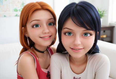 score_9, score_8_up, score_7_up, score_6_up, 
2girls, sitting together, on a couch, (leaning against each other, head on shoulder, cheek to cheek:1.4),
1girl, Sabrina Raincomprix, long hair, orange hair, green eyes, fair skin, earrings, white blouse, choker, 
1girl, Marinette Dupain-Cheng, long hair, bright bluebell eyes, black hair, twin tails, earrings, red blouse, choker, 
perfect eyes, real skin, amateur, photo, solo, perfect face, perfect eyes, sexy, beautiful eyes, petite body, 
masterpiece, best quality, amazing quality, 
heavy blush, thick dark eyelashes, tiny body,
(skinny girl), on a couch, family home, living room, wall pictures, plants,
blurry background, lot of people in background, shy expression, depth of field, volumetric lighting, biting lips, vibrant colors, intricate details, 
smiling, teeth, arms crossed, close up on face, real skin,