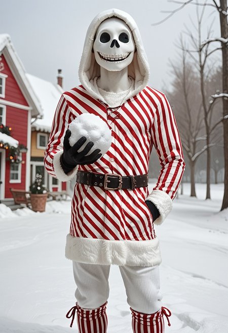 score_9, score_8_up, score_7_up, score_6_up, score_5_up, score_4_up, 1boy, jack_tnbc, hud_xmas1, striped dress, fur trim, long sleeves, leg warmers, belt, hood, christmas, cowboy shot, light smile, snow, holding snowball