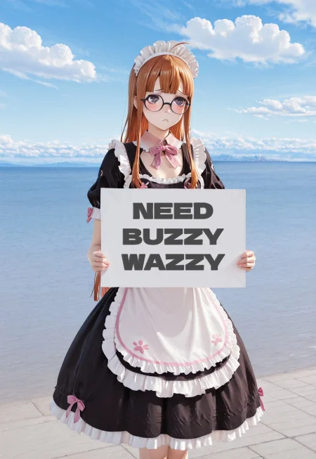 masterpiece, best quality, amazing quality, 1girl, solo, 
folding sign,, 1girl, solo,p5futaba, sakura futaba, long hair, glasses, blunt bangs, orange hair, ahoge,maid dress, pink bow, frills, short sleeves, maid headdress
blush, sad, hide behind sign, 
pien_face,:<,sad,black eyes, 
<lora:folding sign_illustrious_V1.0:1> folding sign, (folding sign bord,(big letters "Buzz Pweasee :'":2.0),(square BIG sign bord:2.0)), bold letter, 
cowboy shot,s4ltflats,Reflection, outdoors, day, scenery, blue sky, water, cloudy sky, horizon