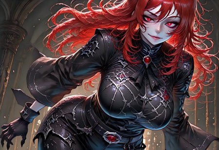 very aesthetic, masterpiece, best quality, highres, absurdres, amazing quality, high resolution, 1girl, solo, medieval background, detailed eyes, perfect eyes, expressive eyes, Expressiveh, vivid colors, realistic lighting, perfect anatomy
Red Eyes, long hair, red hair, pale skin, voluptuous, cellulite, chubby, large breasts, ((uneven eyes)), freckles, lots of freckles, crazy eyes
black gloves, sharp fingers, black shirt, button up shirt, button down shirt, black ascot, black frills, buttons, wide sleeve cuffs, black belt, black cuffs, gambeson, black leggings