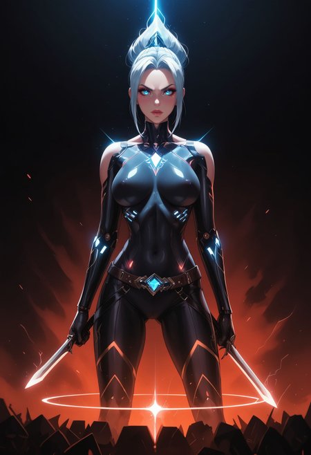 zPDXL3,  hyper-realistic, 8K resolutio, cinematic lighting, professional photography, ray tracing, volumetric lighting, photorealism, post-processing techniques, depth of field, ambient occlusion BREAK
fierce female cyber-warrior, translucent, self-illuminating, nano-cubes, brilliant azure-white light, fierce eyes, cybernetic enhanced eyes, high cheekbones, impossible bodysuit, intricate panels, holographic displays, pulsing energy conduits, holding plasma-edged cyber-sword. dark background, rim lighting, atmospheric depth, Final Fantasy artistic style, particle effects, energy wisps, fighting stance, dramatic angle
<lora:g0th1cPXL:0.35>  <lora:princess_xl_v2:0.7> <lora:T-Rex_Studio_Style_v2.0:0.7> <lora:incase-ilff-v3-4:0.45>