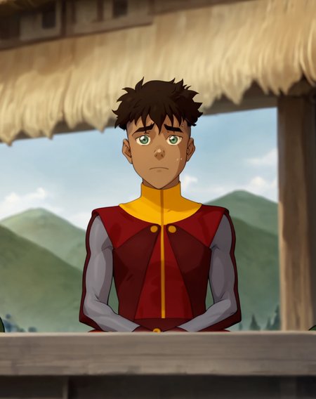 score_9,score_8_up,score_7_up,  <lora:Kai:0.8>, 1boy, Kai, brown hair, undercut, green eyes, dark skin, airbender costume, sitting, nervous, looking at viewer, outdoors,  official art, official style,