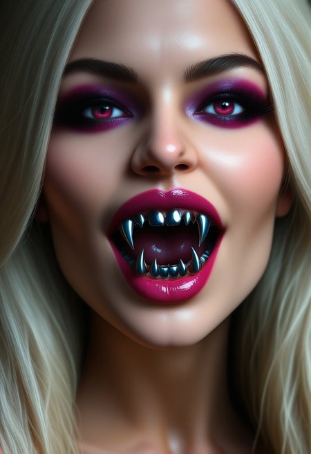 concept art, realistic, 1girl, ((solo:1.8)), 18 years old.
Gorgeous sexy female. Beautiful feminine face, 
Sexy makeup, VampFang, Fangs. Metal Fangs