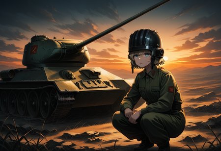 Graphic Design, color art, vibrant colors, colorful, intricate details, high contrast, detailed background, beautiful detailed, beautiful face, detailed eyes, detailed face, newest, new, 1girl, solo, cowboy shot, squatting, military outfit, jumpsuit, tank helmet, t3485, tank, military vehicle, battlefield, evening, sunset, cloudy, cinematic lighting, dark, 