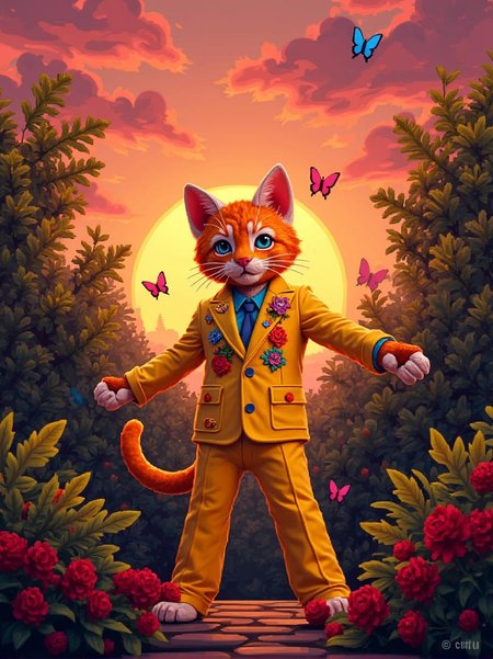 <lora:1970's (Boogie Nights Film style) v1.safetensors:1> 1970's
In a world where pixels dance and colors burst, a blocky feline figure stands tall, exuding a bold and playful aura. Dressed in a flashy yellow suit, the figure is adorned with vibrant floral embroidery and fluttering butterflies, each element rendered in precise, chunky pixels. The suit’s yellow hue is striking, complemented by the deep, earthy tones of the surrounding foliage and the warm, calming shades of the sunset.
The feline’s posture is dynamic, one paw slightly lifted as if about to leap, and its eyes glimmer with a mischievous glint, captured in a few well-placed pixels. The background is a mesmerizing blend of warm sunset colors, with the sky transitioning from a deep orange to a soft pink, and the trees and foliage rendered in rich greens and browns. The foliage is dense, with leaves and branches emerging in blocky, textured patterns, adding to the scene’s depth and texture.
The composition adheres to the rules of thirds, with the feline placed off-center, creating a balanced and visually engaging frame. The dramatic lighting is emphasized through bold highlights and shadows, giving the scene a sense of depth and movement despite its pixelated simplicity. The overall atmosphere is one of dynamic fantasy, evoking a nostalgic, game-like aesthetic that is both striking and intense.