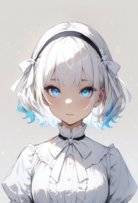masterpiece, best quality, <lora:RECXL_ANI31_lokr_V43P1NF:0.95>  1girl, solo, blue eyes, short hair, looking at viewer, white hair, white background, bow, upper body, simple background, closed mouth, frills, white bow, ribbon, hair bow, leaf, expressionless, portrait, hairband, blunt bangs, bowtie, dress, white theme, shirt, multicolored hair