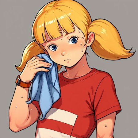 score_9, score_8_up, score_7_up, source_anime, fe9portraits, solo, cowboy shot, simple background, 1girl, female focus, 1girl, penny \(inspector gadget\), solo,blonde hair, twintails, blunt bangs, blue eyes, red shirt, striped shirt, stripe, white stripe, wristwatch, flat chest, upper body, SweatingTowelGuy, sweat, towel, wiping sweat