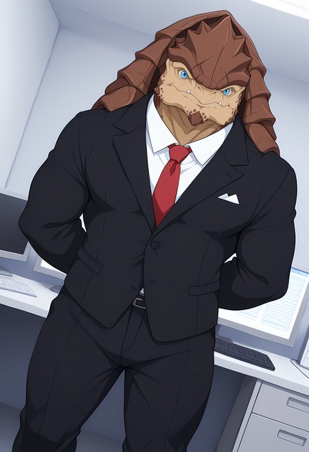 sz3d3k, wfastyle, tk_style, masterpiece, best quality, amazing quality, dutch angle, office, cubicle, computer, BREAK
solo, male focus, 1boy, me_krogan, brown body, blue eyes, muscular male, suit, business suit, black suit, red necktie, BREAK
<lora:cfg_scale_boost:.6>  <lora:Krogans_-_Mass_Effect_-_ILXL:1>, <lora:Anti_Dev_Style_PonySDXL:0.8> antidev <lora:Hotcha:0.8> hotcha <lora:Rayray_Sparkling_Bunny_Style:0.8>