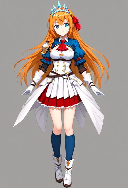 pecorine, blue eyes, hair ornament, long hair, orange hair, tiara, braid, hair braid,, arm belt, armor, ascot, blue socks, boots, dress, gloves, hair ornament, open clothes, open dress, pauldrons, pleated skirt, puffy short sleeves, puffy sleeves, red ascot, red skirt, short sleeves, shoulder armor, single pauldron, skirt, socks, white dress, white footwear, white gloves,
masterpiece, best quality, very aesthetic, absurdres, full_body, tachi-e,