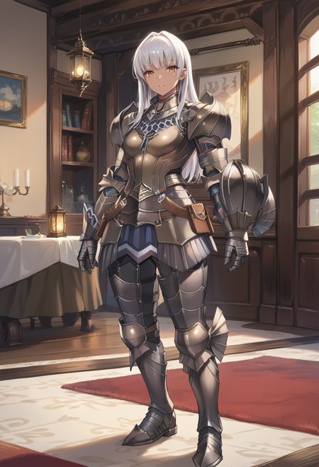 (score_9:0.9),score_8_up,score_7_up,rating_safe,anime style,(zPDXL),(zPDXL3),<lora:Kushala Armor ponyXL v1:0.7>, kushala armor, 1girl, solo, bronze armored gauntlets, white hair, standing, looking at viewer, full body, dark-skinned female, indoors, bronze shoulder armor, long hair, bronze armored boots,  bronze breastplate, lantern