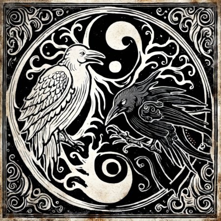 obscurae  yin yang, two black and white ravens, mystically, very detailed <lora:obscurae:1>