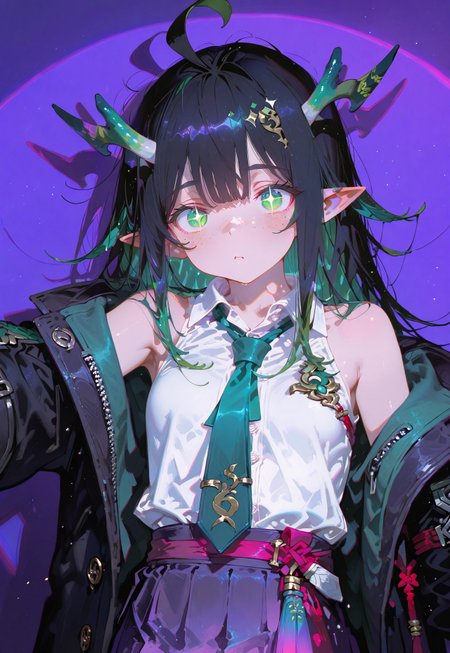 looking at viewer,bust shot,face focus

Stretching

1 girl,petite,loose unruly messy hair,messy bangs,black hair,green accents hair,fair skin,dragon horns,green eyes,(sparkling eyes:1.1),freckles,ahoge,pointy ear

Large Black coat with green accent,coat hanging sleeves,white sleeveless buttoned shirt tucked in,green tie, exposed shoulder,dark purple skirt,

Color background, bright purple background,(shadow:1.3), front lighting,glimmer, [scales design], sparkling,(anagylph refraction:1.5),(front volumetric spotlight:1.4),(purple hue:0.9),(colors green and it's adjacent glow:1.5)

Cunnystyle,748cmstyle,Smooth_Quality,masterpiece,best quality,amazing quality, aesthetic,(vibrant colors:1.7),(bold lines:1.3),(saturated:1.6),dynamic pose, foreshortening, extreme perspective