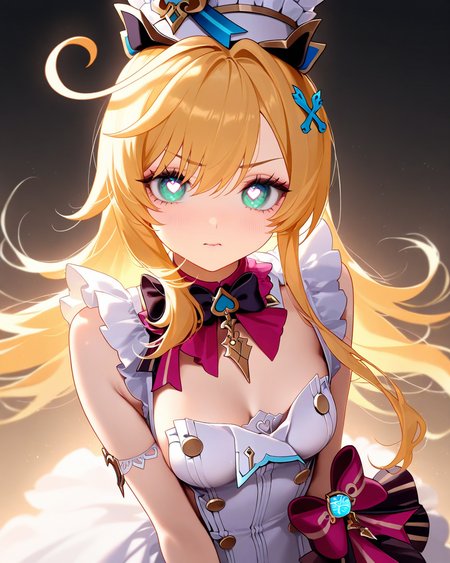<lora:escoffier_(genshin_impact)_noob:0.8>,<lora:nyalia_NoobXL:0.6>,masterpiece,best quality,amazing quality,escoffier (genshin impact),1girl,solo,heart in eye,hatï¼hair ornament,white dress,